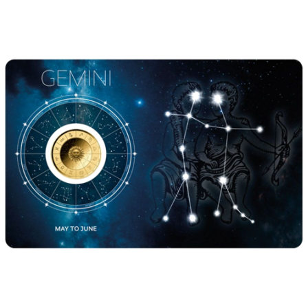 Złota Moneta Znak Zodiaku Bliźnięta Karta 1/1000 uncji front