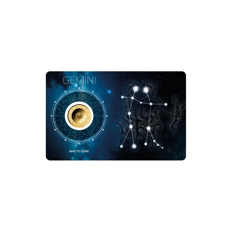 Złota Moneta Znak Zodiaku Bliźnięta Karta 1/1000 uncji front