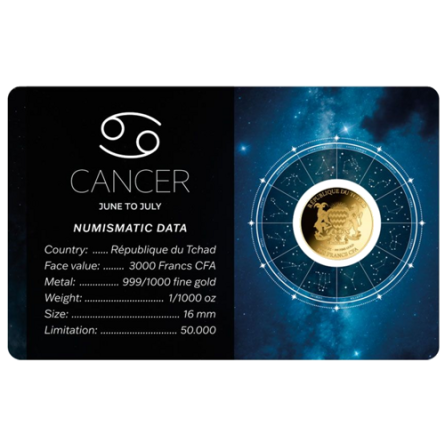 Złota Moneta Znak Zodiaku Rak  Karta 1/1000 uncji Front