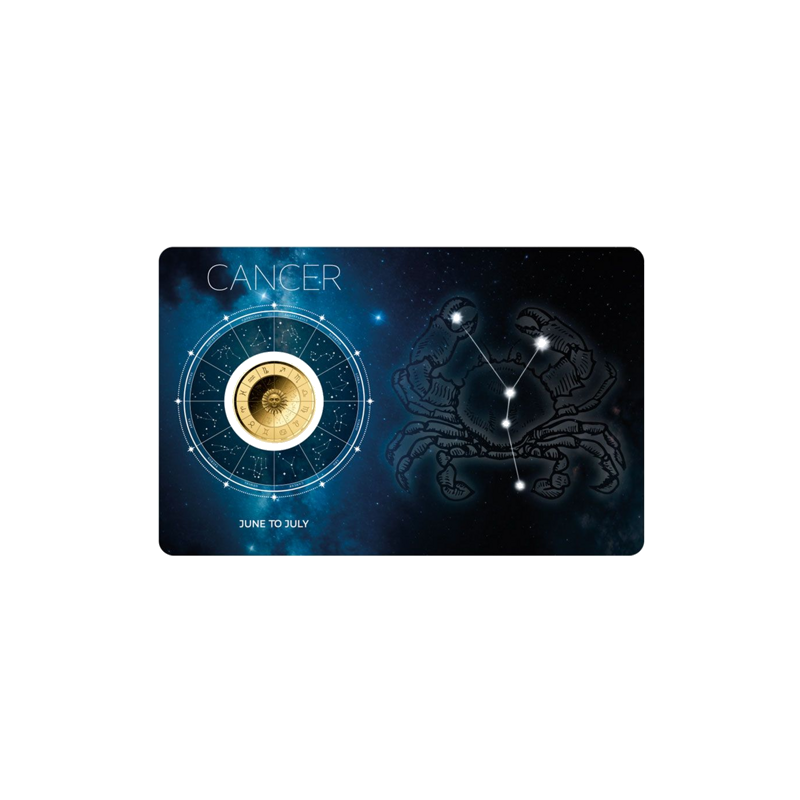 Gold Coin Zodiac Sign Cancer Card 1/1000 ounce Front Gold Coin Zodiac Sign Cancer Card 1/1000 ounce Front