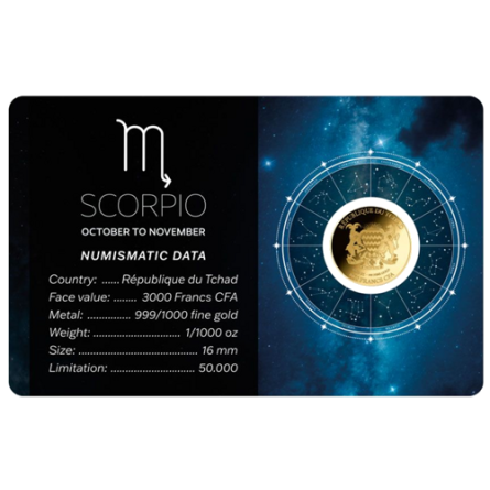 Złota Moneta Znak Zodiaku Skorpion Karta 1/1000 uncji front