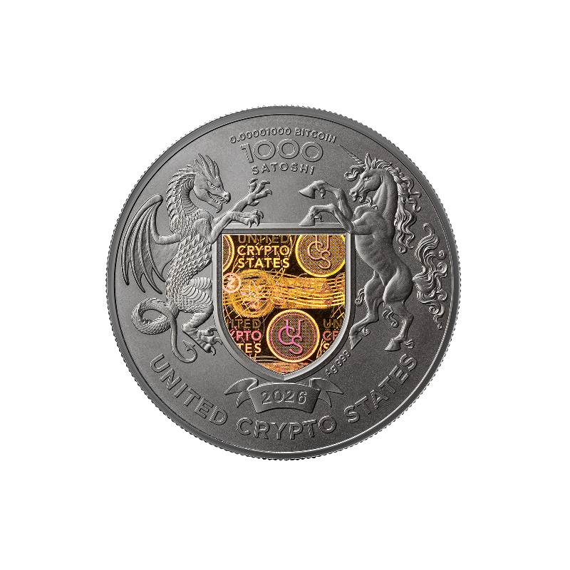 Srebrna Moneta United Crypto States: Das Land der Freiheit – Ukraine, 2026, 1 Unze – Vorderseite