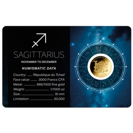 Złota Moneta Znak Zodiaku Strzelec Karta 1/1000 uncji front