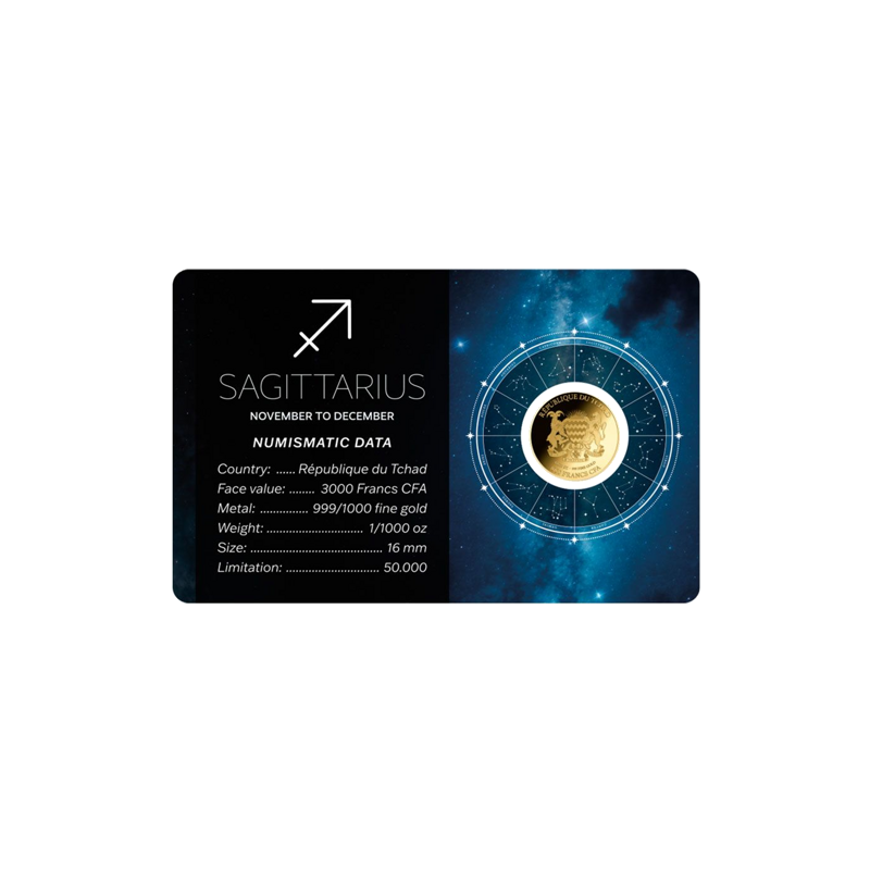 Gold Coin: Sagittarius Zodiac Sign, 1/1000-ounce Card, Back Gold Coin: Sagittarius Zodiac Sign, 1/1000-ounce Card, Back