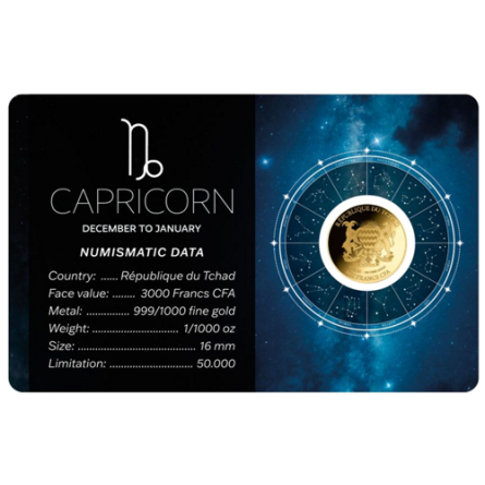 Złota Moneta Znak Zodiaku Koziorożec Karta 1/1000 uncji front