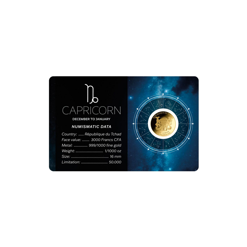 Złota Moneta Znak Zodiaku Koziorożec Karta 1/1000 uncji back