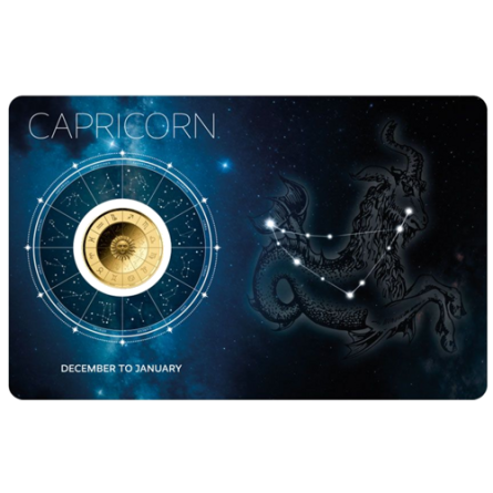 Złota Moneta Znak Zodiaku Koziorożec Karta 1/1000 uncji front