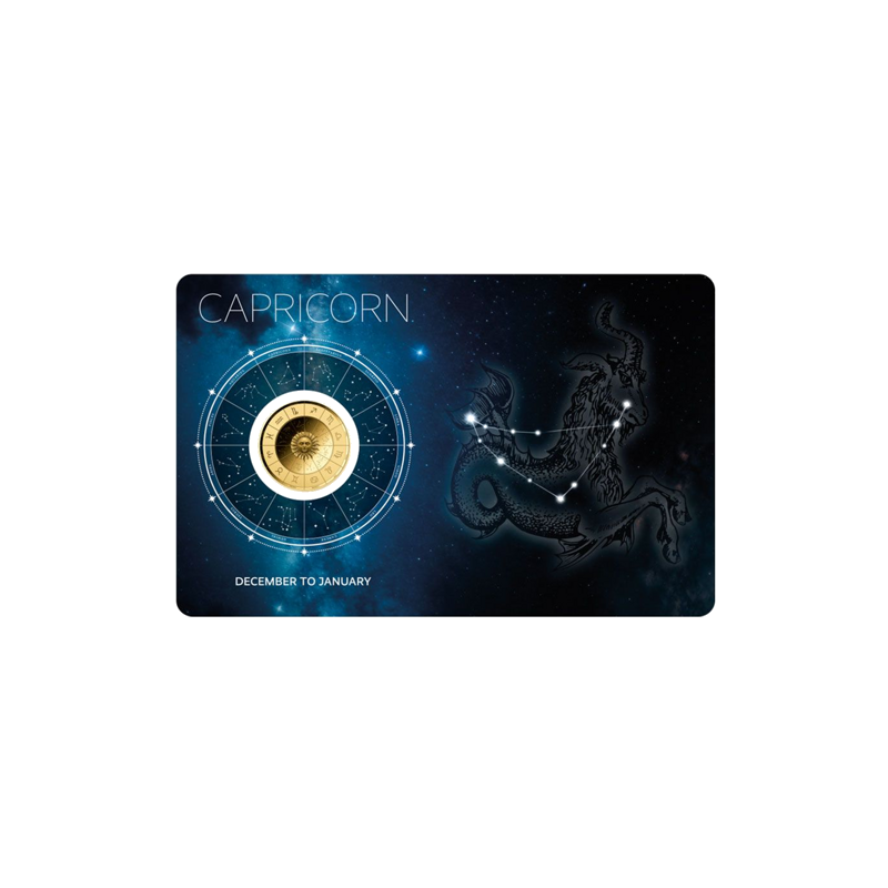 Złota Moneta Znak Zodiaku Koziorożec Karta 1/1000 uncji front