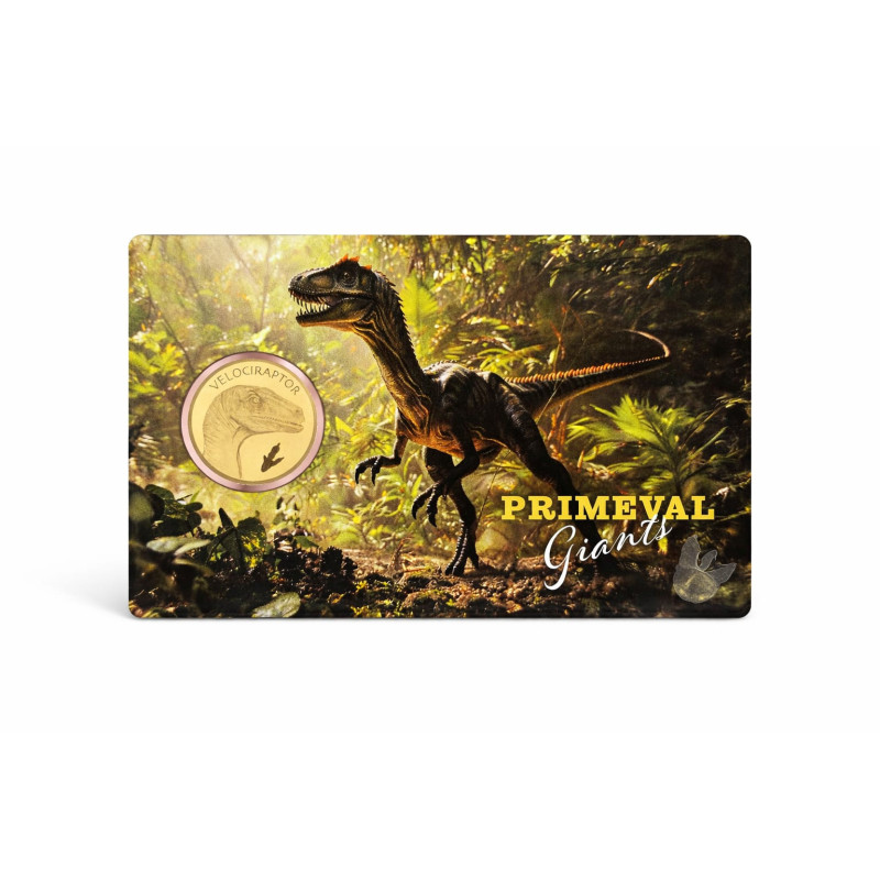 Goldmünze Velociraptor 1/1000 Unze Karte Vorderseite Goldmünze Velociraptor 1/1000 Unze Karte Vorderseite