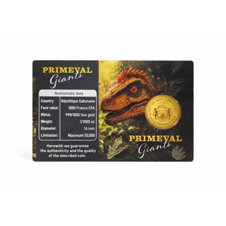 Złota moneta Velociraptor 1/1000 uncji karta front