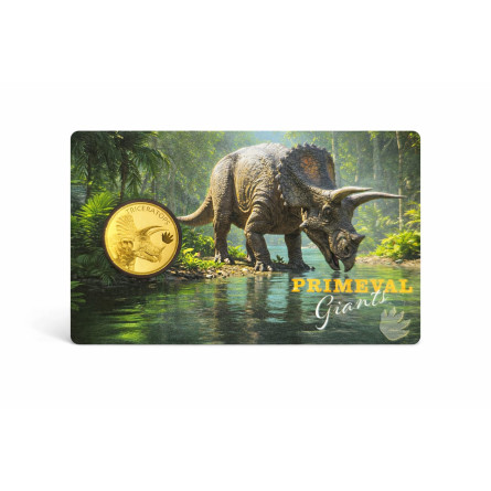kopia Złota moneta Triceratops 1/1000 uncji karta front