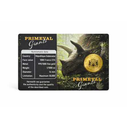 kopia Złota moneta Triceratops 1/1000 uncji karta front
