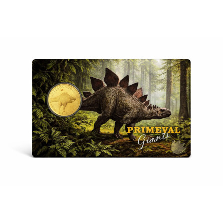 Złota moneta Stegosaurus 1/1000 uncji karta front