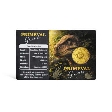 Złota moneta Stegosaurus 1/1000 uncji karta front