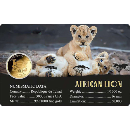 Złota moneta African Lion 1/1000 uncji karta front