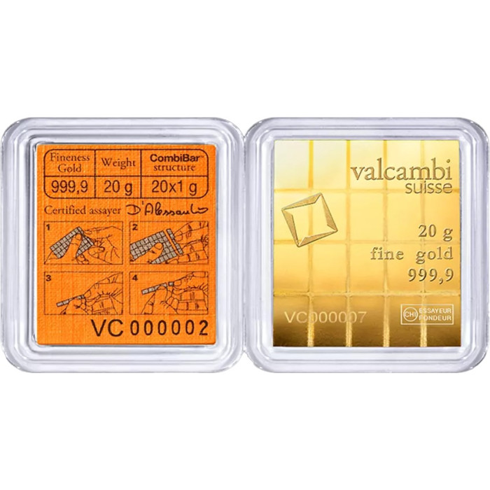 Złota Sztabka Valcambi Combicoin, 20x 1g - back