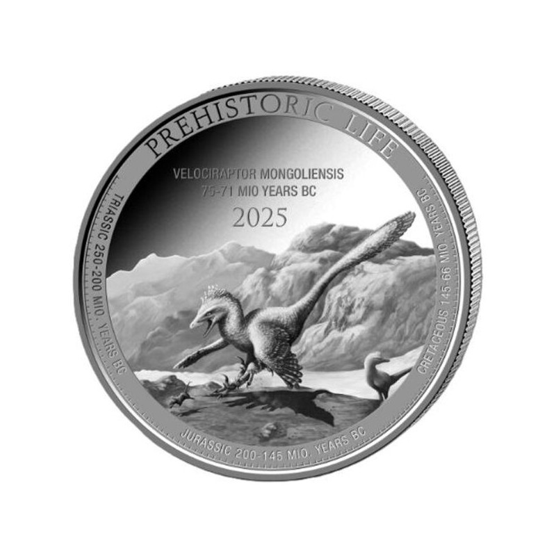 Srebrna Moneta Prehistoric Life II: Velociraptor 2026 BU, 1 uncja - rewers Srebrna Moneta Prehistoric Life II: Velociraptor 2026 BU, 1 uncja - rewers