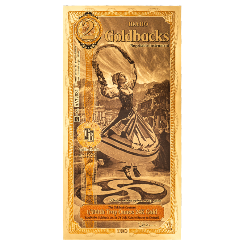 Idaho Goldback Gold Note, 1/500 ounce - front Idaho Goldback Gold Note, 1/500 ounce - front