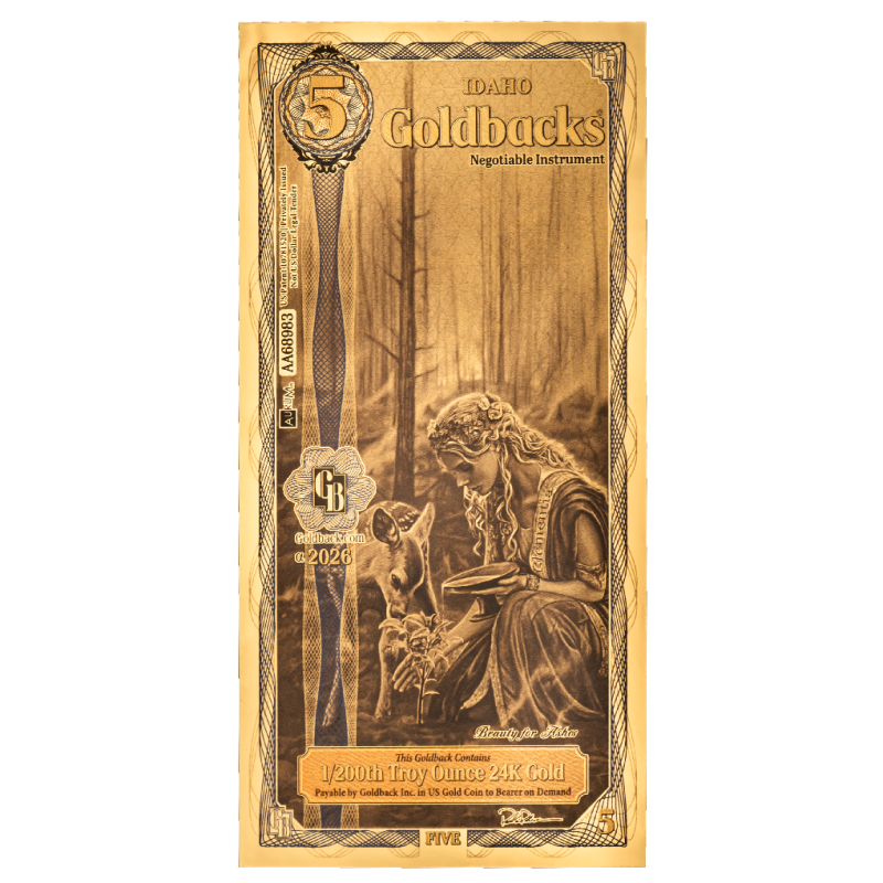 Золота банкнота 5 Idaho Goldback Gold Note, 1/200 унції - лицьова сторона