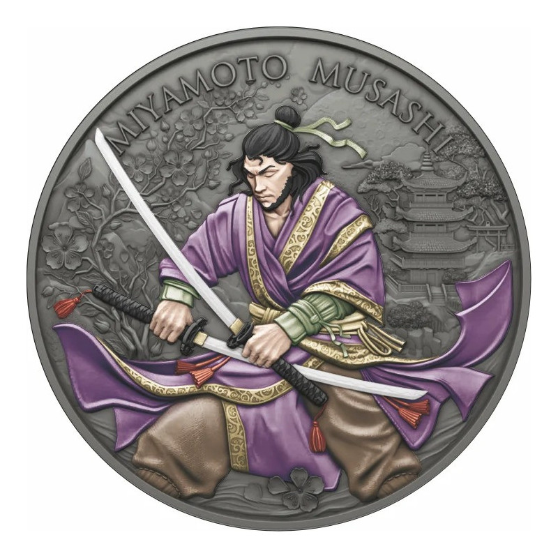 Legendary Warriors Silver Medal: Miyamoto Musashi Color, 1 oz - obverse Legendary Warriors Silver Medal: Miyamoto Musashi Color, 1 oz - obverse