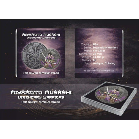 Silbermedaille Legendary Warriors: Miyamoto Musashi Color, 1 Unze – Box