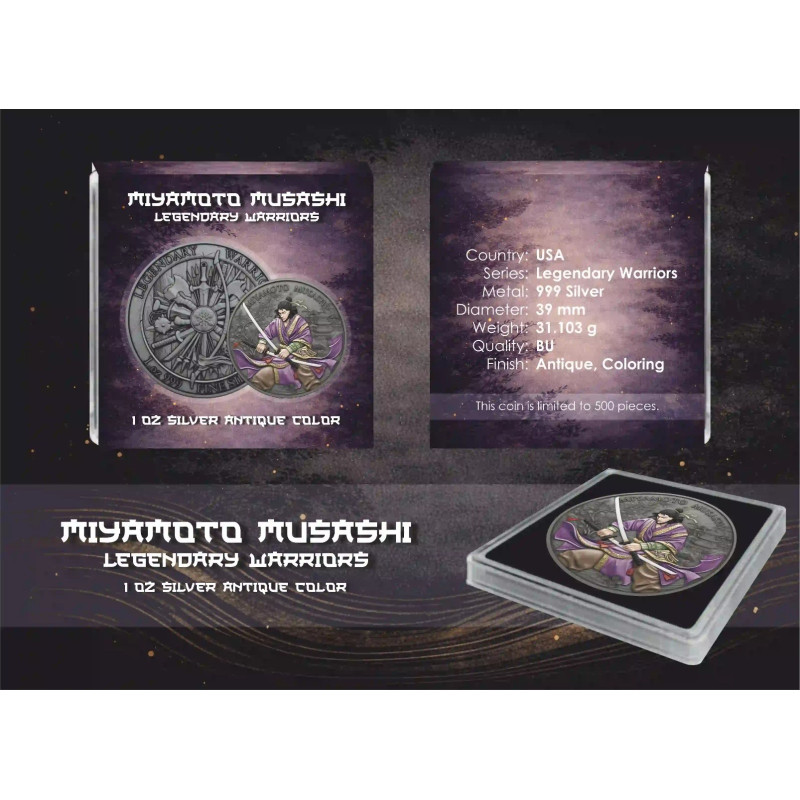 Silbermedaille Legendary Warriors: Miyamoto Musashi Color, 1 Unze – Box