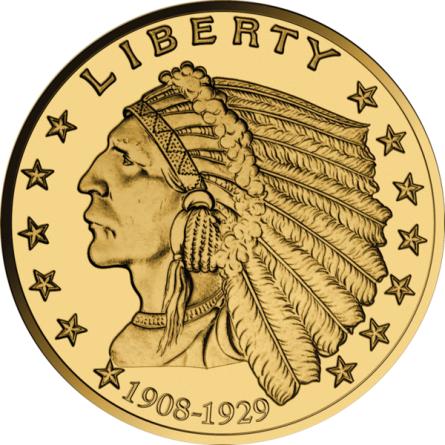 Set of gold coins, 3 designs, Indian Head front