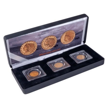 Set of gold coins, 3 designs, Indian Head front