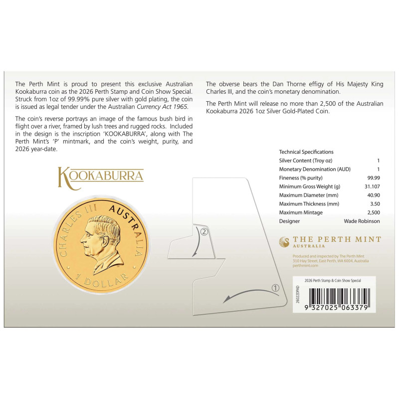 Silbermünze Australian Kookaburra 2026 Gilded, 1 Unze – Karte
