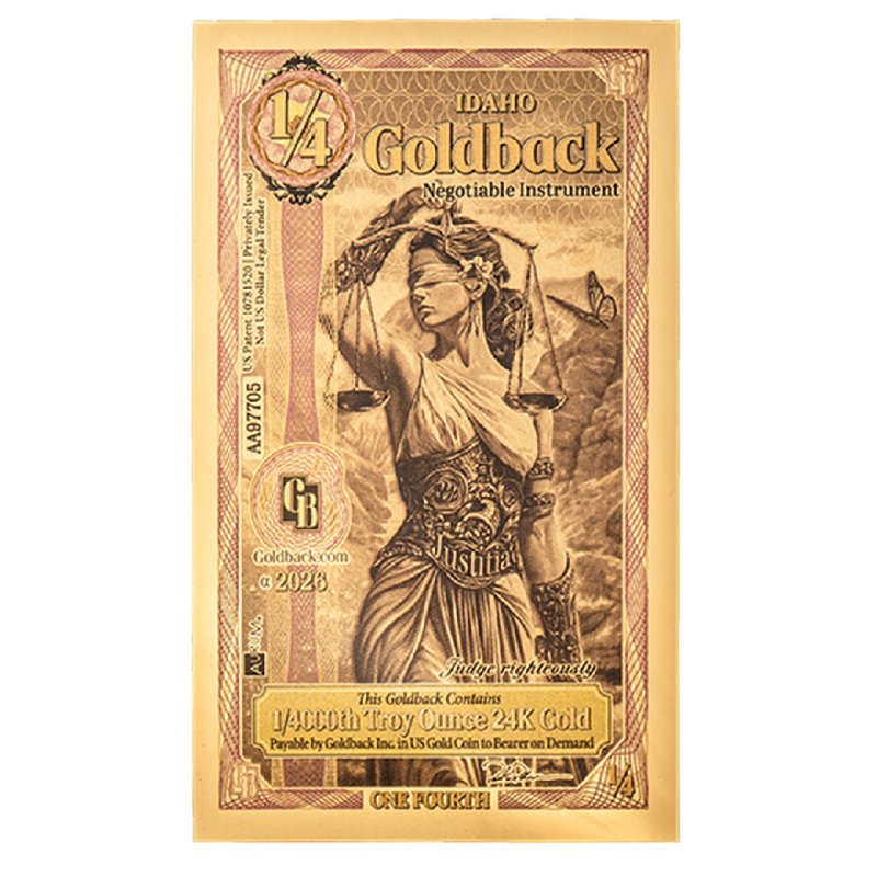 Goldbanknote 1/4 Idaho Goldback Gold Note, 1/4000 Unzen – Vorderseite