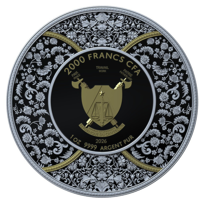 Cameroon Silver Coin, Durga 2026 Dark Ruthenium-Plated, 1 oz – Obverse Cameroon Silver Coin, Durga 2026 Dark Ruthenium-Plated, 1 oz – Obverse