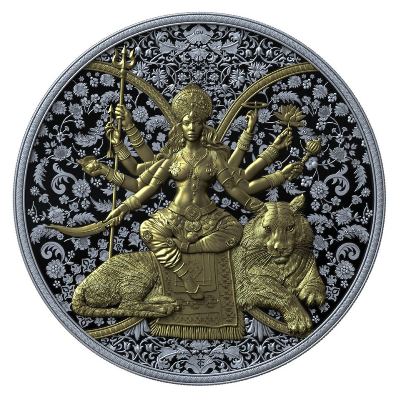Silbermünze Kamerun, Durga 2026, dunkelrutheniumbeschichtet, 1 Unze – Rückseite Silbermünze Kamerun, Durga 2026, dunkelrutheniumbeschichtet, 1 Unze – Rückseite