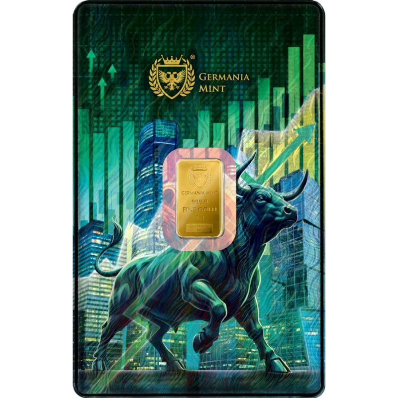 Germania Bull & Bear I Goldbarren, 1 Gramm – Vorderseite