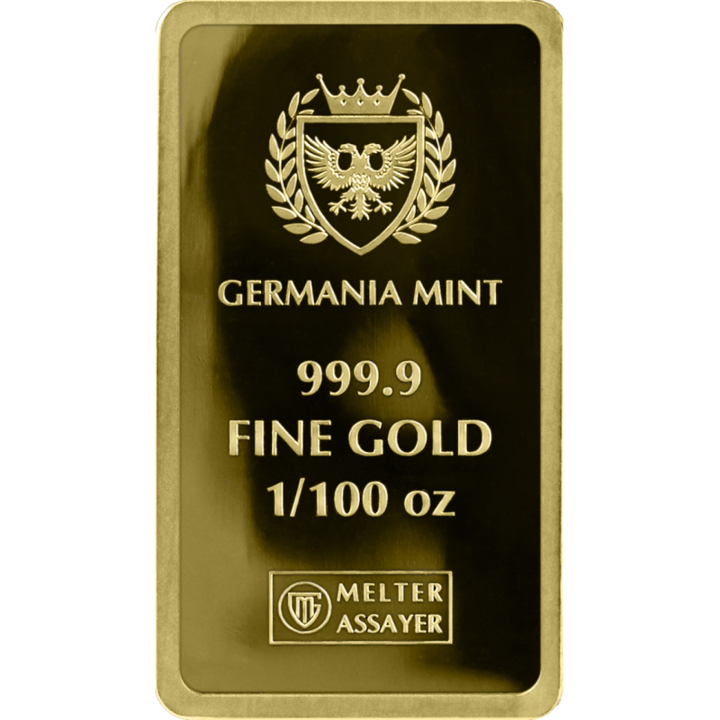 Goldbarren Germania Mint Proof, 1/100 Unze – Rückseite Goldbarren Germania Mint Proof, 1/100 Unze – Rückseite