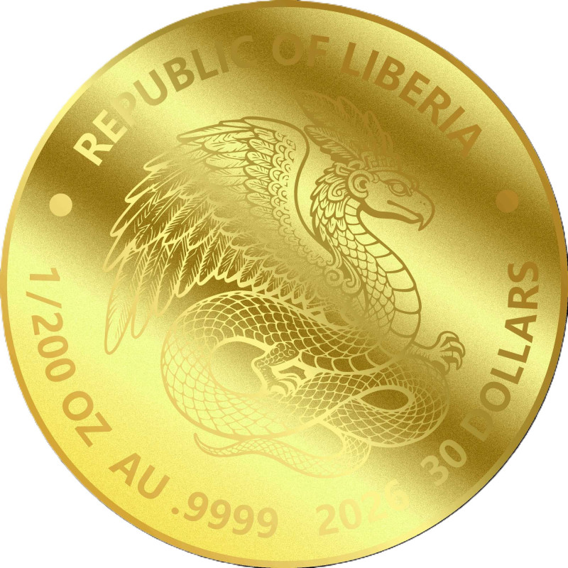 Золота монета Ліберії «The Maya Dragon» 2026 року, 1/200 унції — аверс