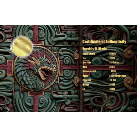 Złota Moneta LLiberia The Maya Dragon 2026, 1/200 uncji - front