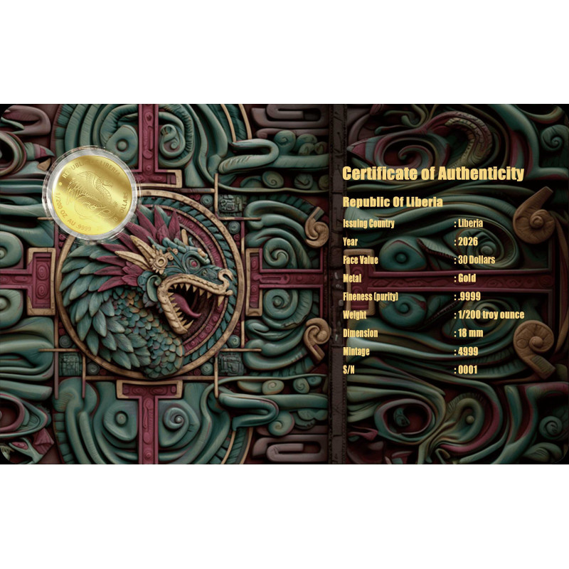 Золота монета Ліберії «The Maya Dragon» 2026 року, 1/200 унції — зворотний бік