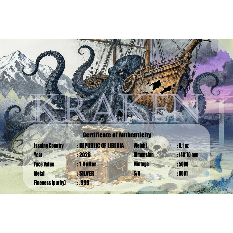 Liberia The Kraken 2026 Silver Banknote, 1/10 ounce - certified Liberia The Kraken 2026 Silver Banknote, 1/10 ounce - certified