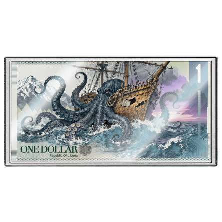 Srebrny Banknot Liberia The Kraken 2026, 1/10 uncji - front