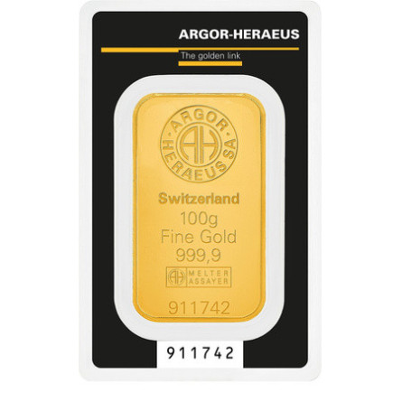 Złota Sztabka Argor-Heraeus 100g  front