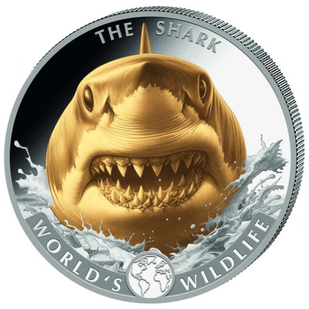 Silbermünze: World's Wildlife: The Shark 2026, vergoldet, 1 Unze – Rückseite