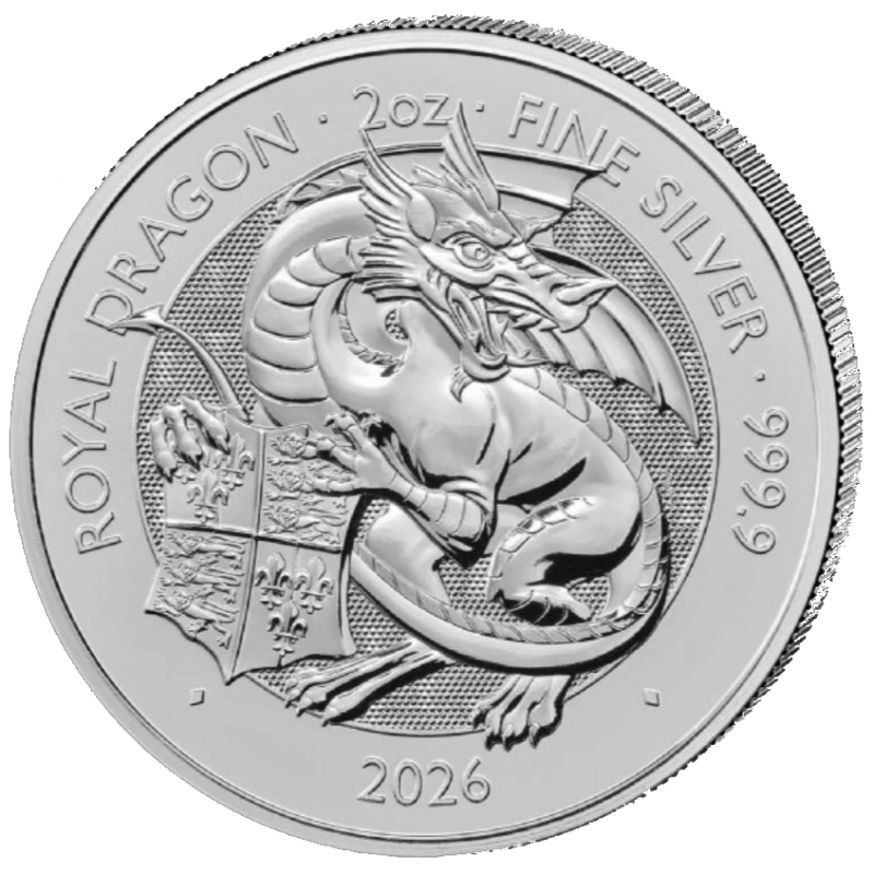 Silbermünze „The Tudor Beasts: Royal Dragon“ 2026, 2 Unzen – Vorderseite
