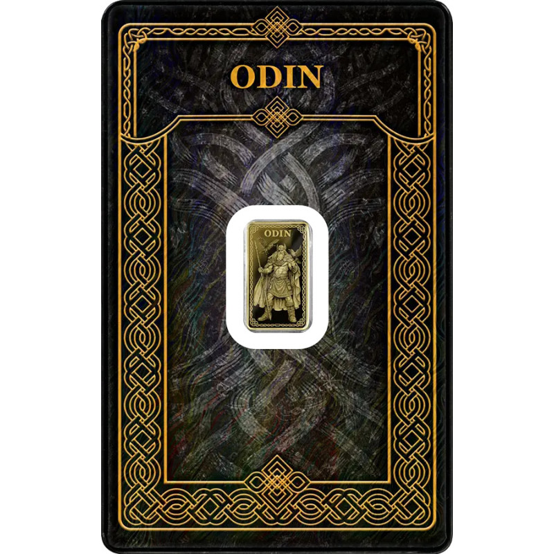 Gods of Germania Gold Bar: Odin, Proof, 1/100 oz. (FRONT) Gods of Germania Gold Bar: Odin, Proof, 1/100 oz. (FRONT)