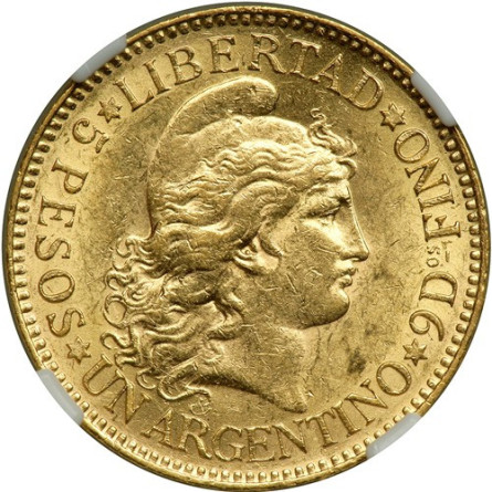 Złota Moneta 5 Peso Argentyńskie "argentino"  1881-1896 front