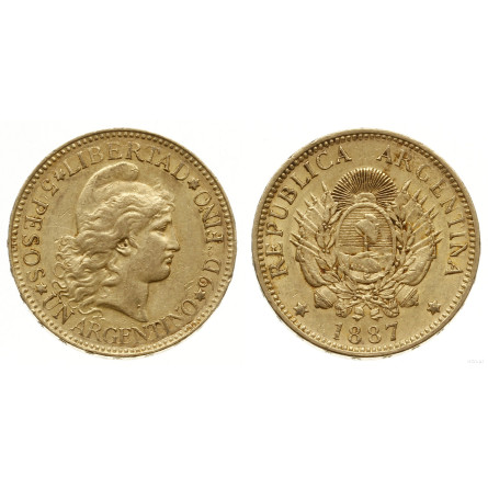 Złota Moneta 5 Peso Argentyńskie "argentino"  1881-1896