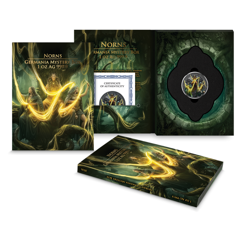 Zestaw Srebrnych Monet Germania Mint: Norns Mystery BOX 2026, 1 uncja - 2