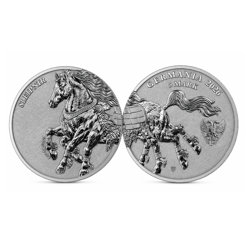 Zestaw 2x srebrnych Moneta Germania Beasts: Sleipnir 2026 w kapslu ósemkowym, 2x1 uncja - rewers Zestaw 2x srebrnych Moneta Germania Beasts: Sleipnir 2026 w kapslu ósemkowym, 2x1 uncja - rewers