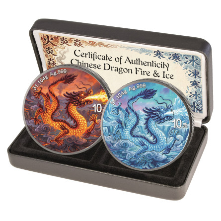 China Dragon Fire & Ice 2026 Silver Coin Set, 2 x 1 ounce - box