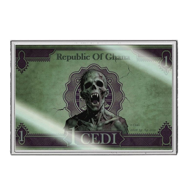 Srebrny Banknot Ghana Zombies 5g front Srebrny Banknot Ghana Zombies 5g front
