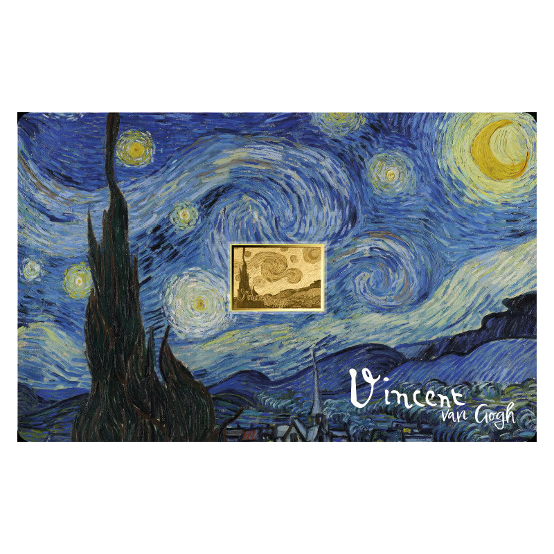 Złota Moneta w karcie - van Gogh -  Gwiaździsta noc 1/1000 uncji front